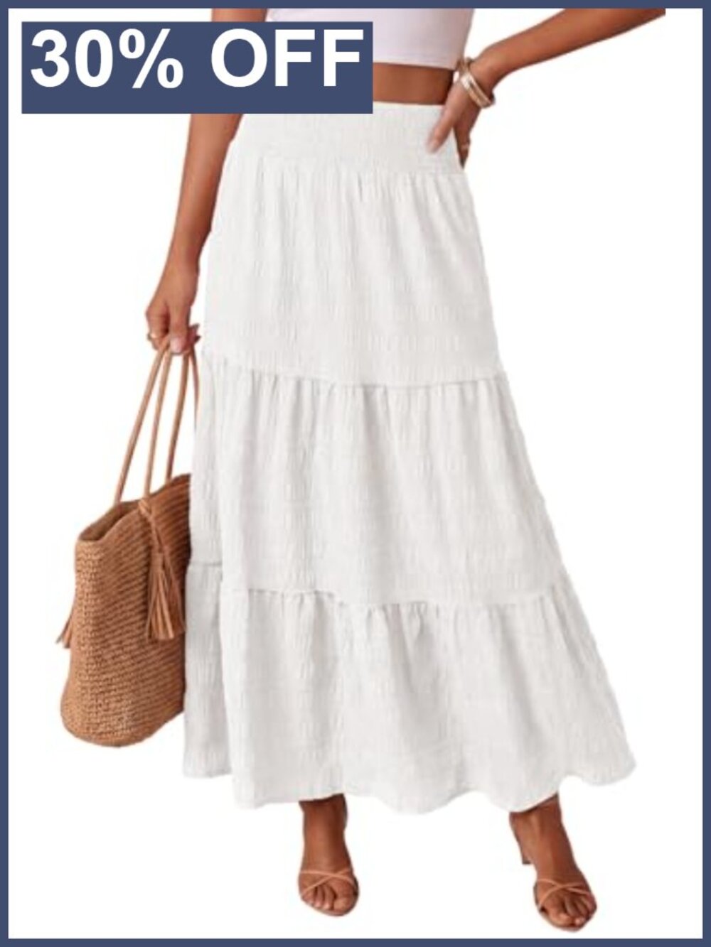 Boho Tiered A Line Maxi Skirt Smocked Waist Pockets Summer Beach
